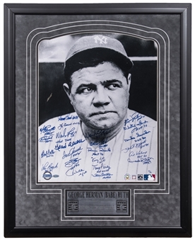 Hall of Famers Multi-Signed 16 x 20 Photo In 24.5 x 30.5 Framed Display Of Babe Ruth With 23 Signatures Including Hank Aaron, Yogi Berra, Tom Seaver & Johnny Bench - LE 25/36 (Steiner)